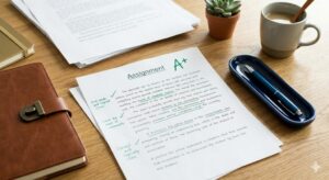 Image of a paper with a grade, pen, and mug of coffee
